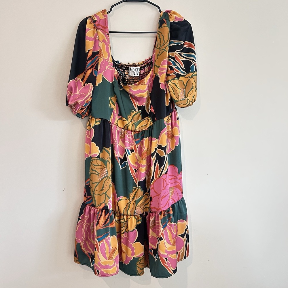Bucket List Babydoll Floral Dress Sz L Colorful Bold Balloon Sleeve Satin USA